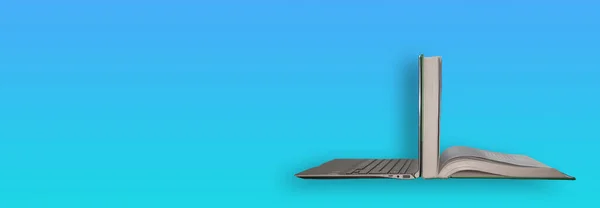 Banner Mit Modernem Laptop Rücken Rücken Mit Einem Dicken Offenen — Stockfoto