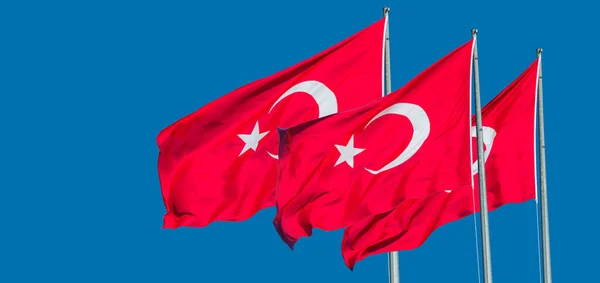 Three Red Turkish National Flags White Crescent Moon Star Flags — Stock Photo, Image