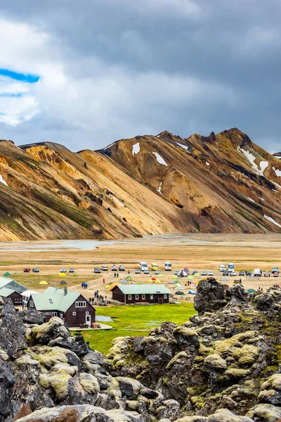 Vackra Färgglada Vulkaniska Berg Landmannalaugar Och Camping Island Dramatisk Scen — Stockfoto