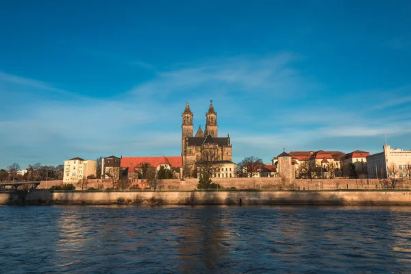 Vackra katedralen i Magdeburg, floden Elba och gamla stan i den Stockbild