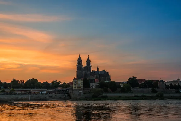 Catedral de Magdeburgo en el río Elba al atardecer, Magdeburgo — Foto de Stock