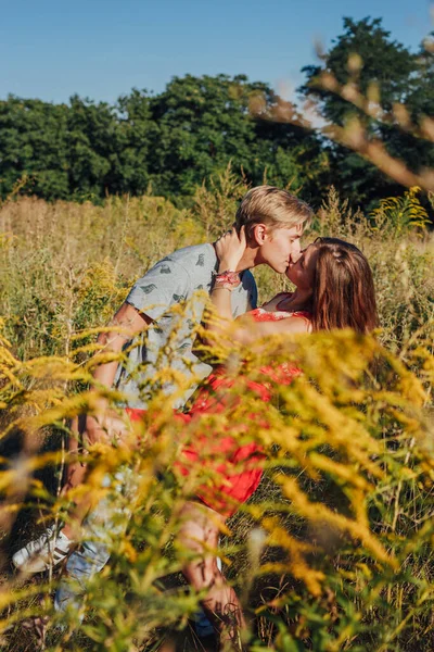 Paar Küsst Sich Mitten Auf Dem Feld — Stockfoto