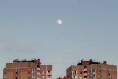 Binaların tepesinde dolunay olan akşam mavisi gökyüzü..