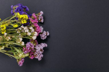 Koyu arkaplanda renkli istatikler var. Limonyum sinuatum çiçekleri. Rengarenk, taze çiçek buketi. Uzayı kopyala Üst görünüm.