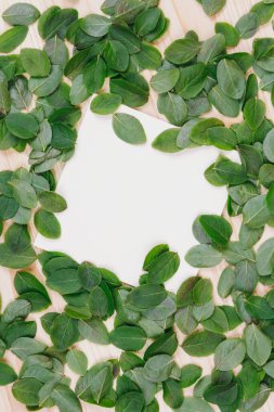 Ahşap bir arka planda kağıt kart notuyla yapraklardan yapılmış yaratıcı bir düzen. Düz yatıyordu. Doğa konsepti. Üst Manzara. Reklam kartı ya da davetiye için boşluk. 