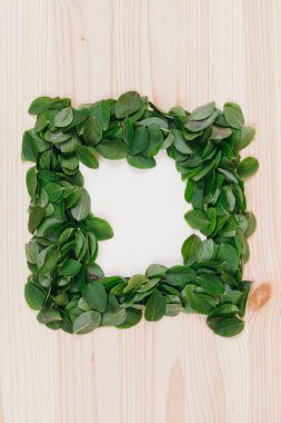 Ahşap zemin üzerinde kağıt not olan yapraklardan yapılmış yaratıcı bir çerçeve. Düz yatıyordu. Doğa konsepti. Üst Manzara. Reklam kartı ya da davetiye için boşluk. 