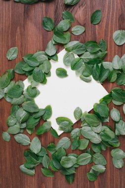 Ahşap bir arka planda kağıt kart notuyla yapraklardan yapılmış yaratıcı bir düzen. Düz yatıyordu. Doğa konsepti. Üst Manzara. Reklam kartı ya da davetiye için boşluk. 