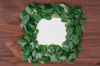 Ahşap zemin üzerinde kağıt not olan yapraklardan yapılmış yaratıcı bir çerçeve. Düz yatıyordu. Doğa konsepti. Süper manzara. Reklam kartı ya da davetiye için boşluk. 