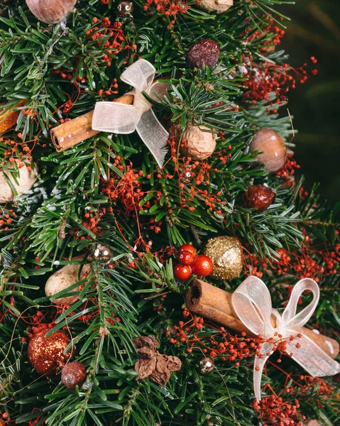 Decorated Christmas Tree Decorated Berries Dry Fruits Spices Close — Stock Photo, Image