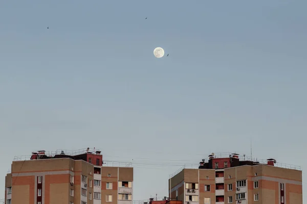 Вечірнє Блакитне Небо Великим Повним Місяцем Вершині Будівель — стокове фото