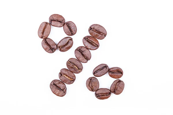 Prozentzeichen Aus Kaffeebohnen Auf Weißem Hintergrund Kaffeebohnen Isoliert Auf Weiß — Stockfoto