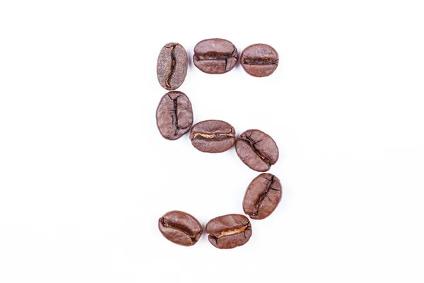 Número Cinco Hecho Granos Café Sobre Fondo Blanco Granos Café —  Fotos de Stock