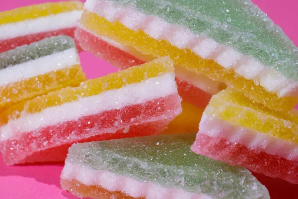 Heap Triangular Jelly Candy Pink Background Macro Selective Focus — Stock Photo, Image