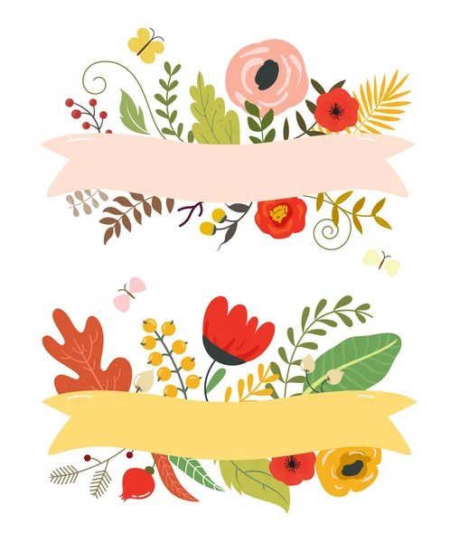 Blumen und Blätter, florale Elemente, Band mit Platz für Ihren Text. — Stockvektor