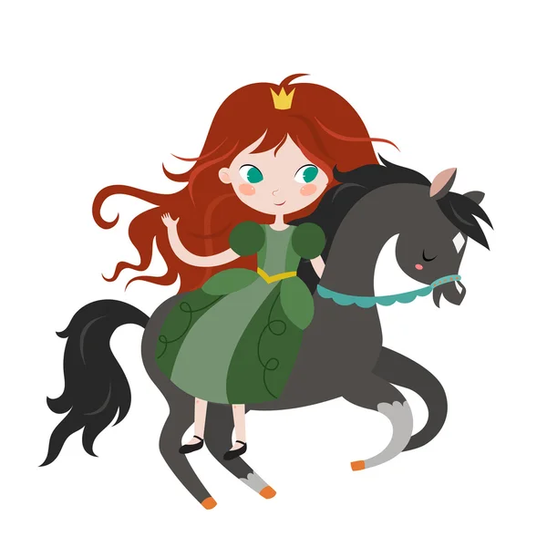 Cute cartoon princess on black horse. — Stock Vector