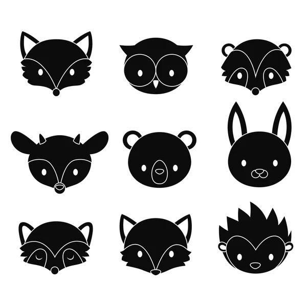 Conjunto de cabezas de animales de bosque de dibujos animados. Siluetas vectoriales aisladas sobre fondo blanco . — Vector de stock