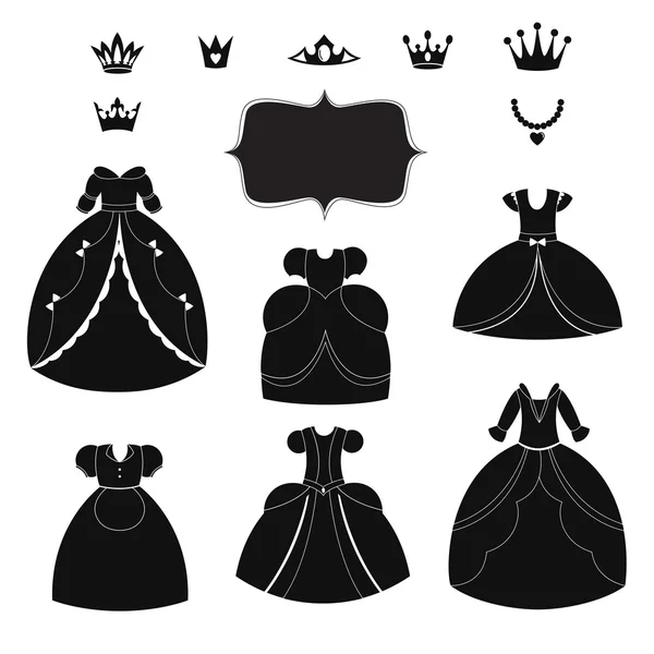 Prinzessin Kleid Silhouetten gesetzt. Cartoon schwarz-weiße tragbare Gegenstände. — Stockvektor