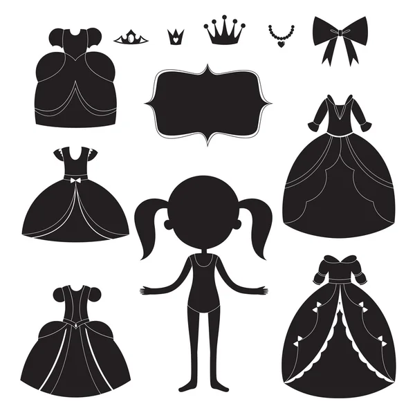 Prinzessin Kleid Silhouetten gesetzt. Cartoon schwarz-weiße tragbare Gegenstände. — Stockvektor