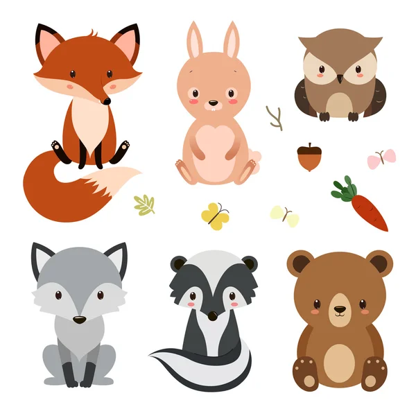 Conjunto de lindos animales del bosque aislados sobre fondo blanco . — Vector de stock