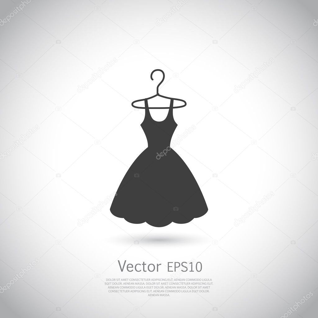Black dress on hanger. Dress icon, logo. Vector illustration.