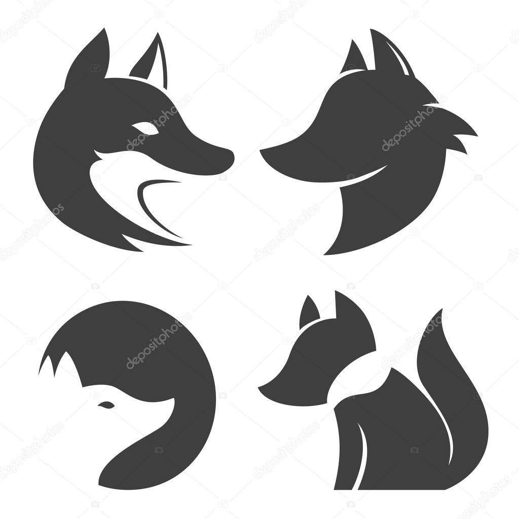 Stylized fox head. Vector silhouette isolated on white background. Icons set.