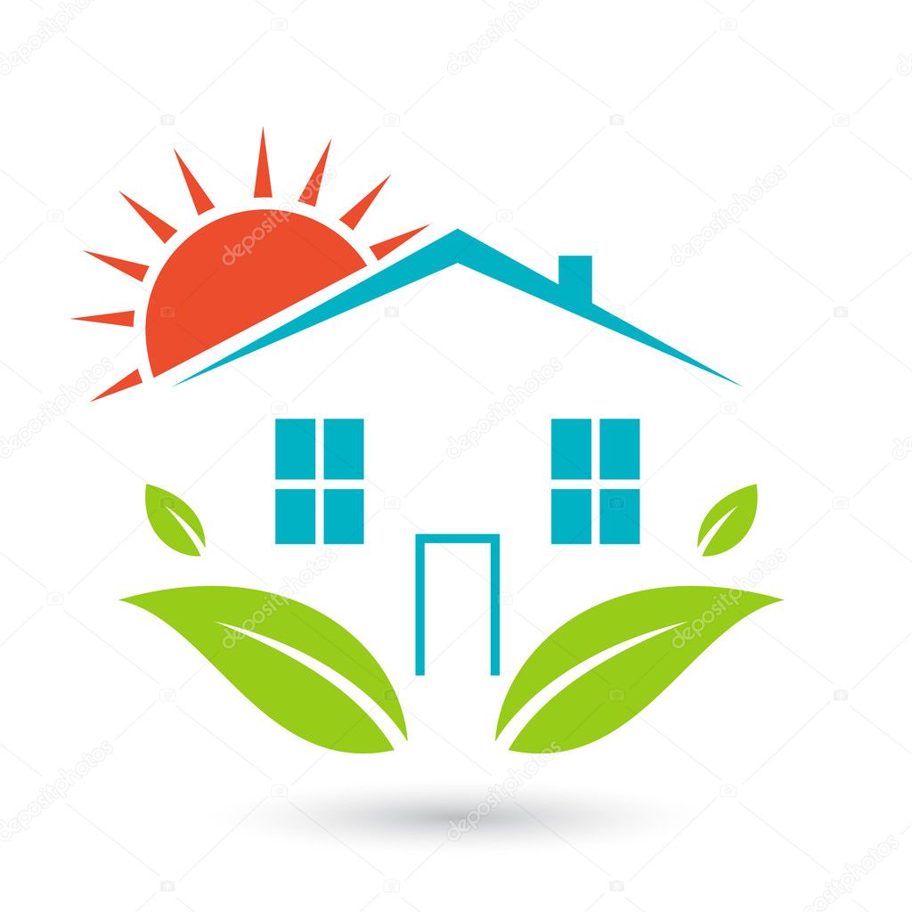Green house logo. Happy family icon, eco lover. Vector illustration isolated on white background.