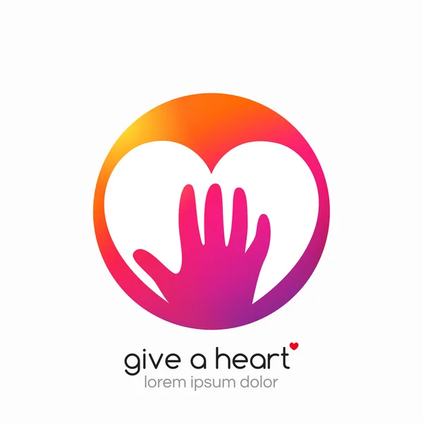 Hands holding heart symbol, abstract gradient, flat shadow. — Stock Vector