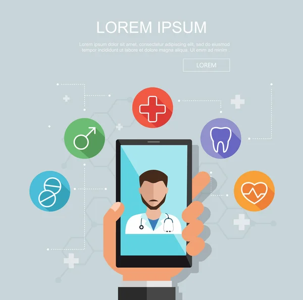 Hand met smartphone met de site van de kliniek. Medische raadpleging concept. Platte vectorillustratie. — Stockvector