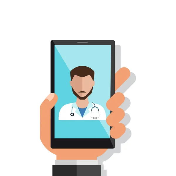 Hand holding smartphone with male doctor on call and an online consultation. Vector flat illustration. — Stock Vector
