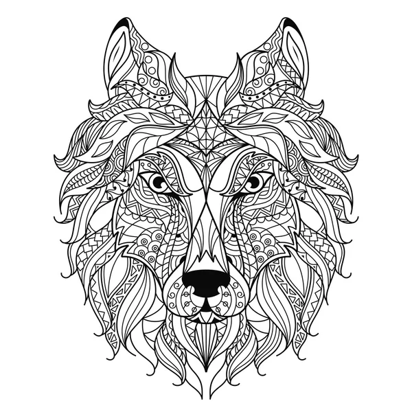 Cabeza de lobo zentangle estilizado, página para colorear . — Vector de stock
