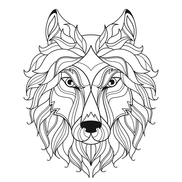 Wolf head zentangle stylized, coloring page. — Stock Vector