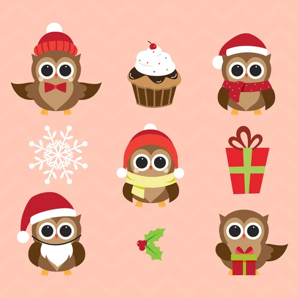 Búhos de Navidad y Año Nuevo en trajes divertidos — Vector de stock