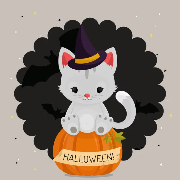 Halloween card or background with white cat. — Stock Vector