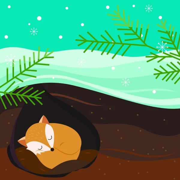 Let it snow. Fox sleeping in the hole. — Stock Vector