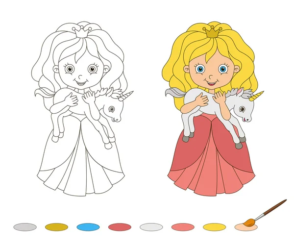 Ilustracja pięknej księżniczki z Jednorożcem dziecka. Książka kolorowanki — Wektor stockowy
