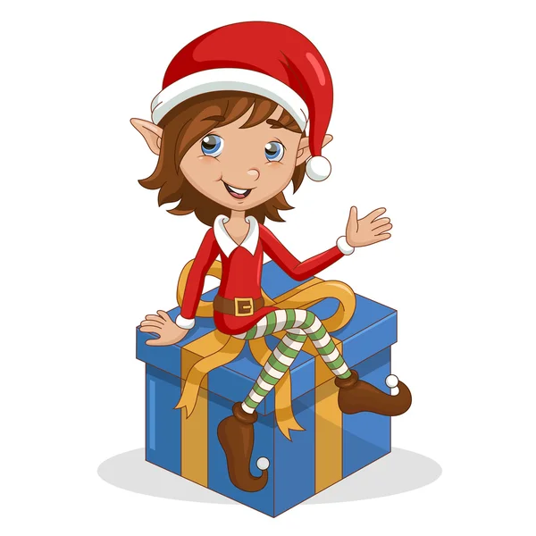 Kerstmis elf zittend op geschenk. — Stockvector