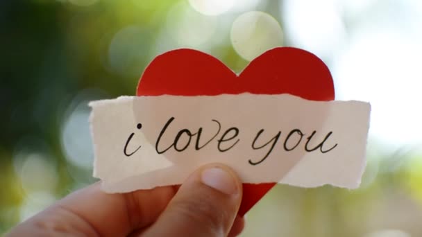 Close-up of a human hand holding love message with heart. Bokeh effect. — Stock Video