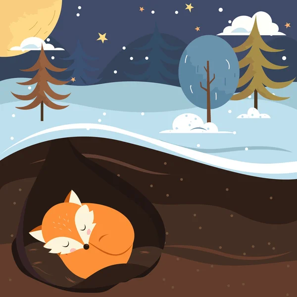 Déjalo nevar. Fox durmiendo en el agujero . — Vector de stock