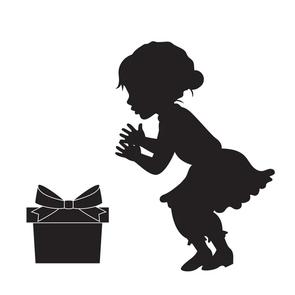 Menina em vestido de vinagre e a silhueta caixa de presente . — Vetor de Stock