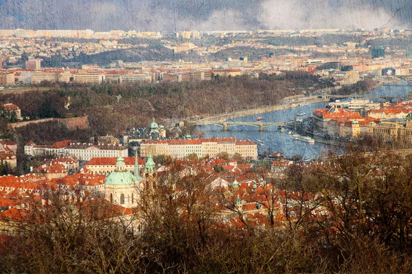 Vintage textured panoramic view of Prague from Petrin hill — Stock Photo, Image