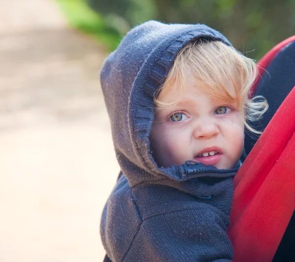 Blond baby in backpack — Stock Photo, Image