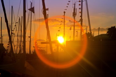 Marina siluetleri ve parlama etkisi ile geç gün batımında