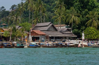 Longboats ve palmiye ağaçlarının altında ahşap evler ile tropikal Köyü