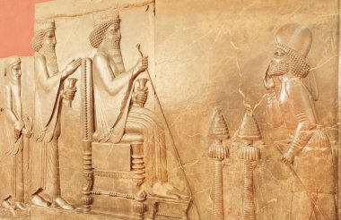 Persepolis relief with historical scene and king Darius in National Museum clipart