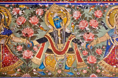Lord Krishna altın boya ile vintage fresk üzerinde dans