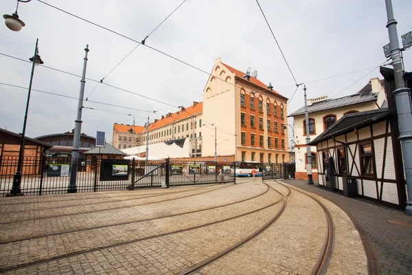 Houses and tram tracks in the old street — Stock Photo, Image