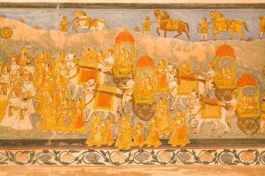 Araba, duvar üzerinde insan ve hayvan kalabalığı