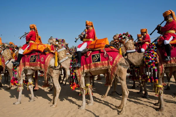 Καμήλα τροχόσπιτο με μουσικούς από το Φεστιβάλ της ερήμου — Φωτογραφία Αρχείου