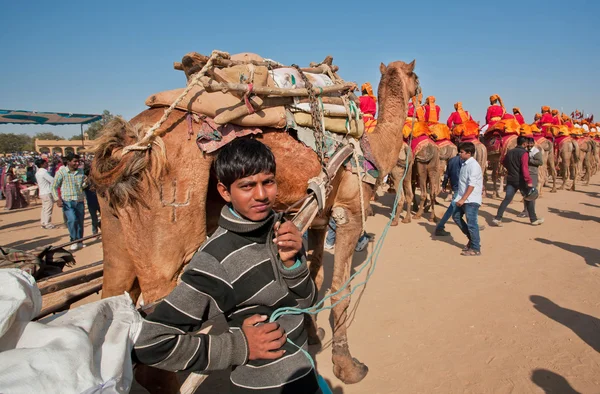 Young cameleer keeps a tight rein on camel — Stock Photo, Image