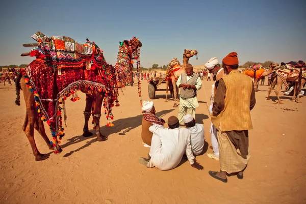 Paisaje del desierto y aldeanos con camellos relajantes — Foto de Stock